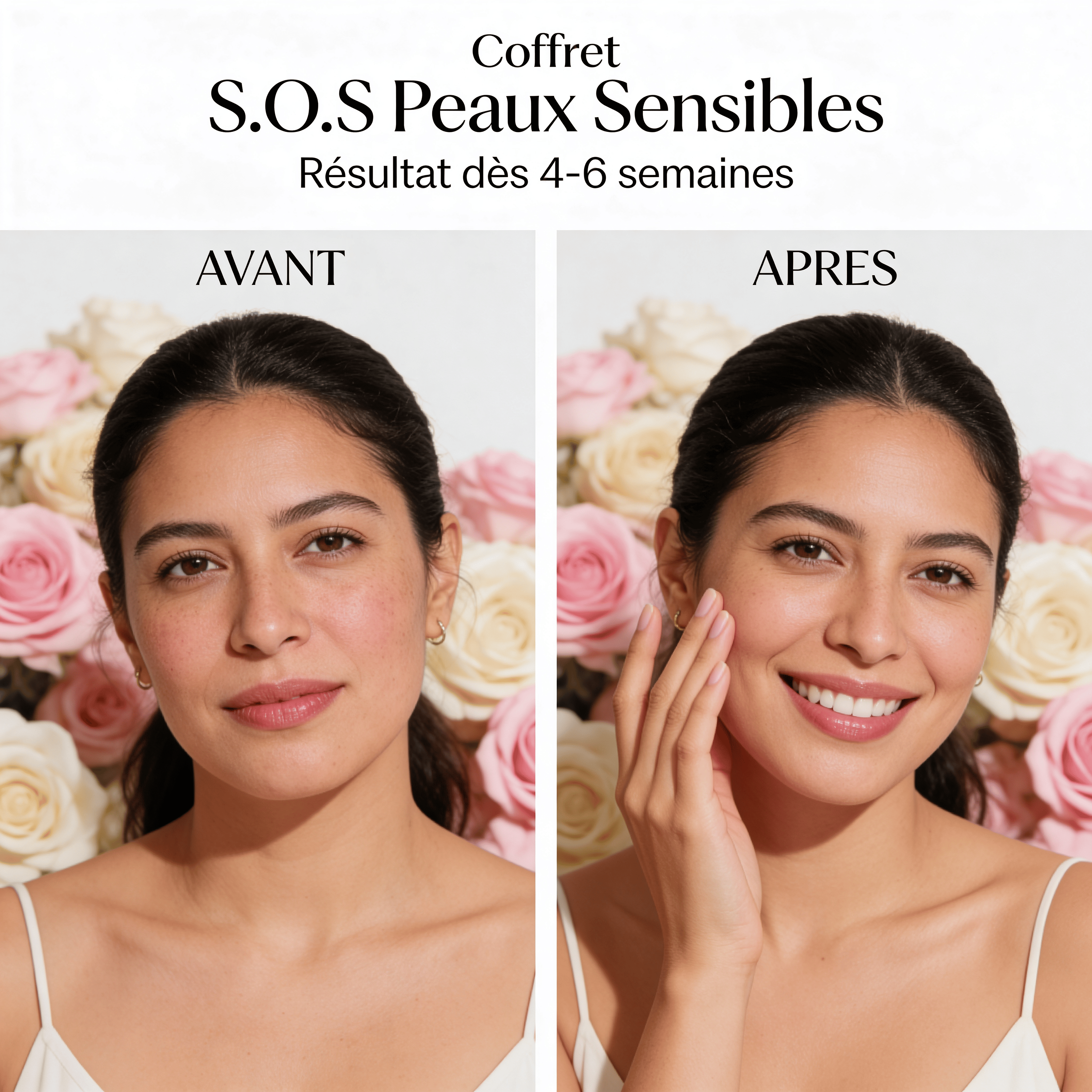 Coffret SOS Peaux Sensibles – Résultat avant/après 4-6 semaines : rougeurs apaisées et teint uniforme
