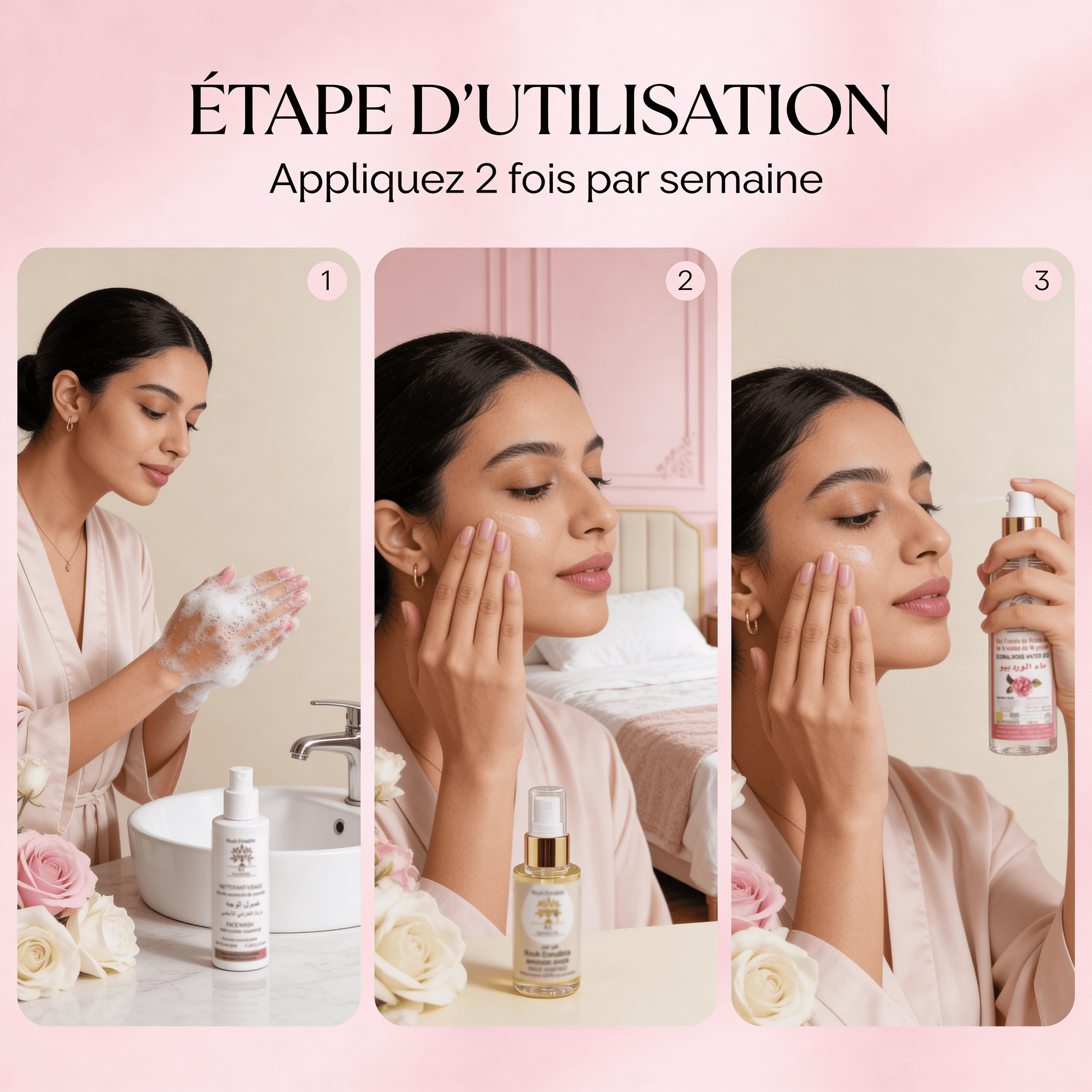 Coffret SOS Peaux Sensibles – Étapes d'utilisation : nettoyer en douceur, vaporiser eau de rose, masser huile amande douce