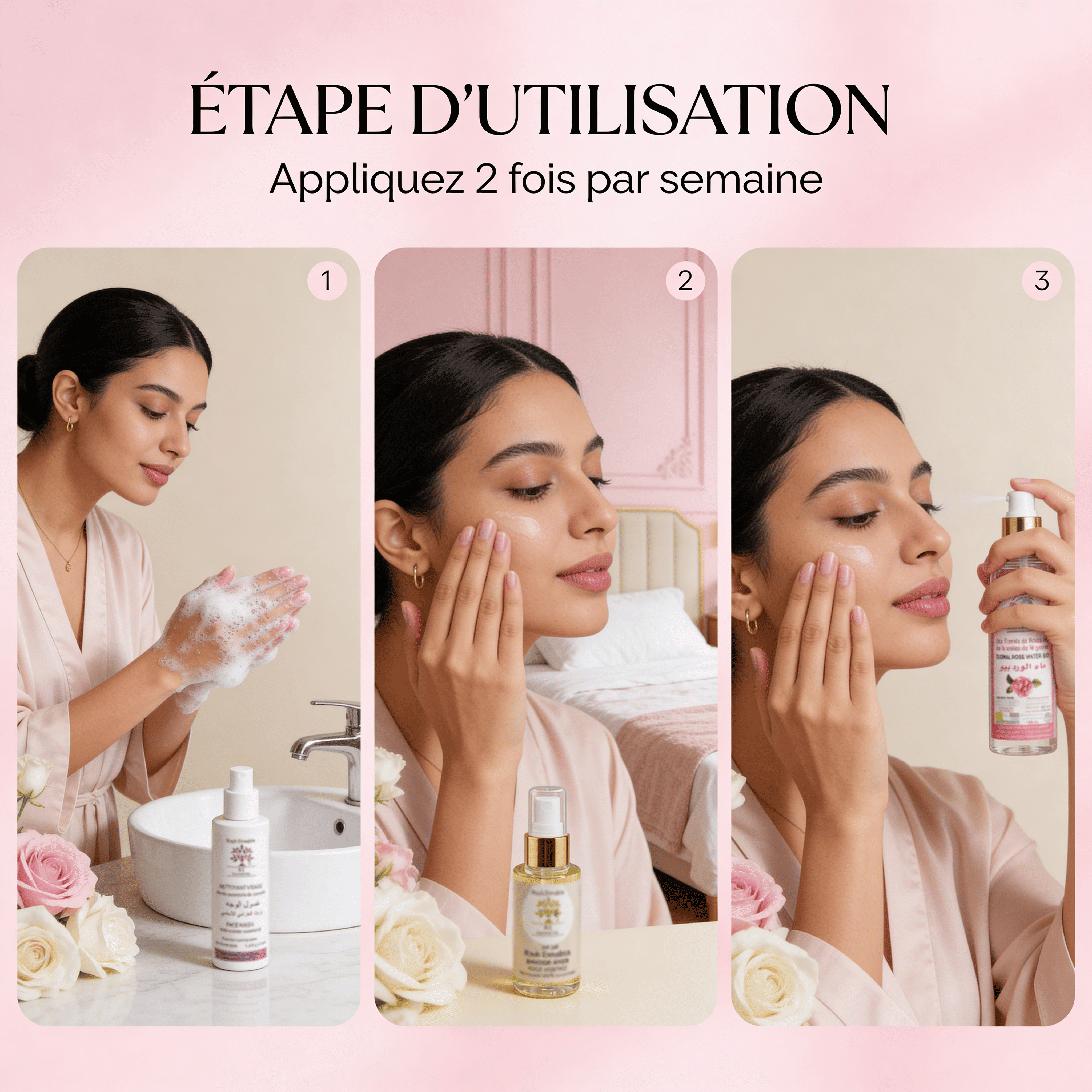 Coffret SOS Peaux Sensibles – Étapes d'utilisation : nettoyer en douceur, vaporiser eau de rose, masser huile amande douce