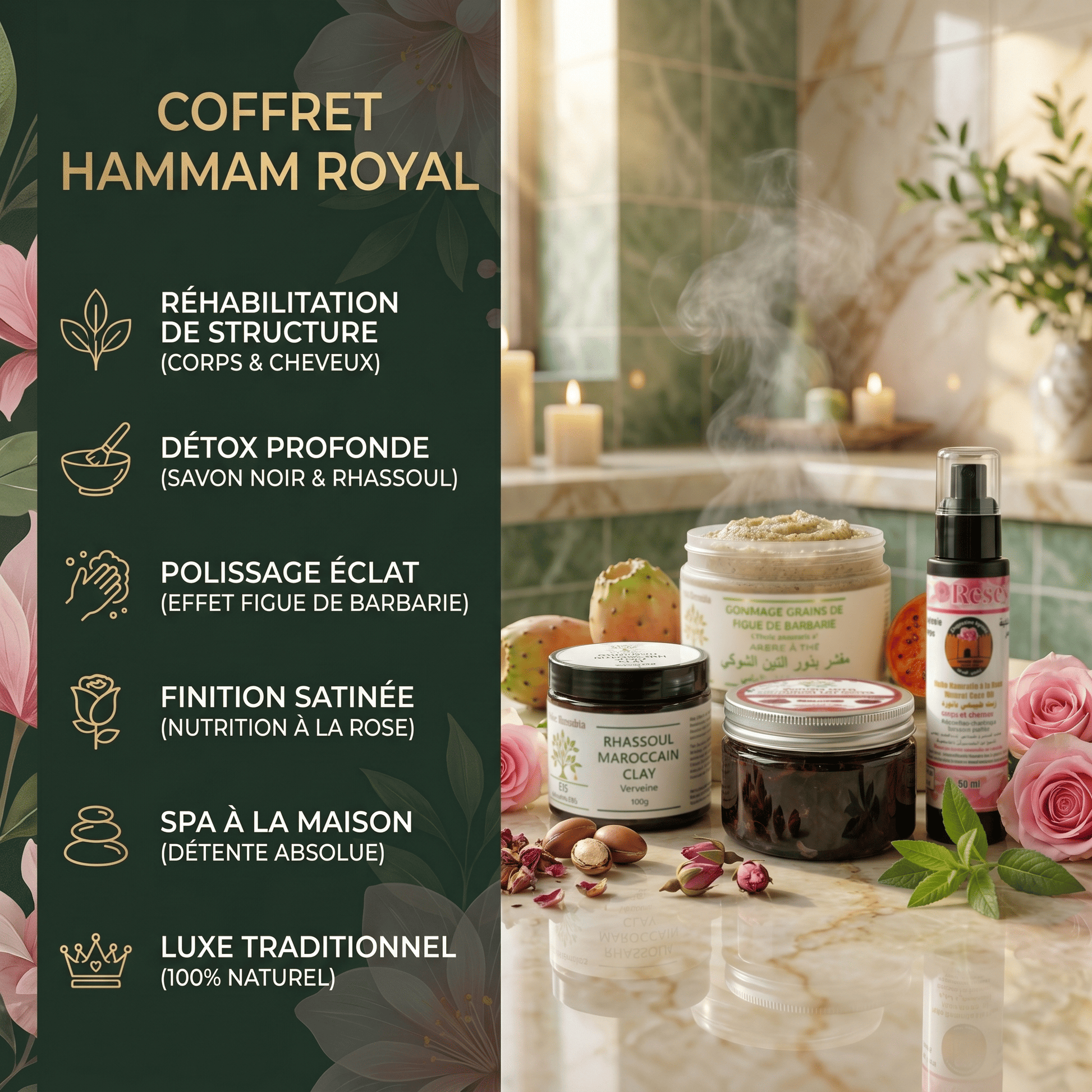 Coffret Hammam Royal – 7 bénéfices : réhabilitation, détox, polissage, finition satinée, spa à la maison, luxe traditionnel