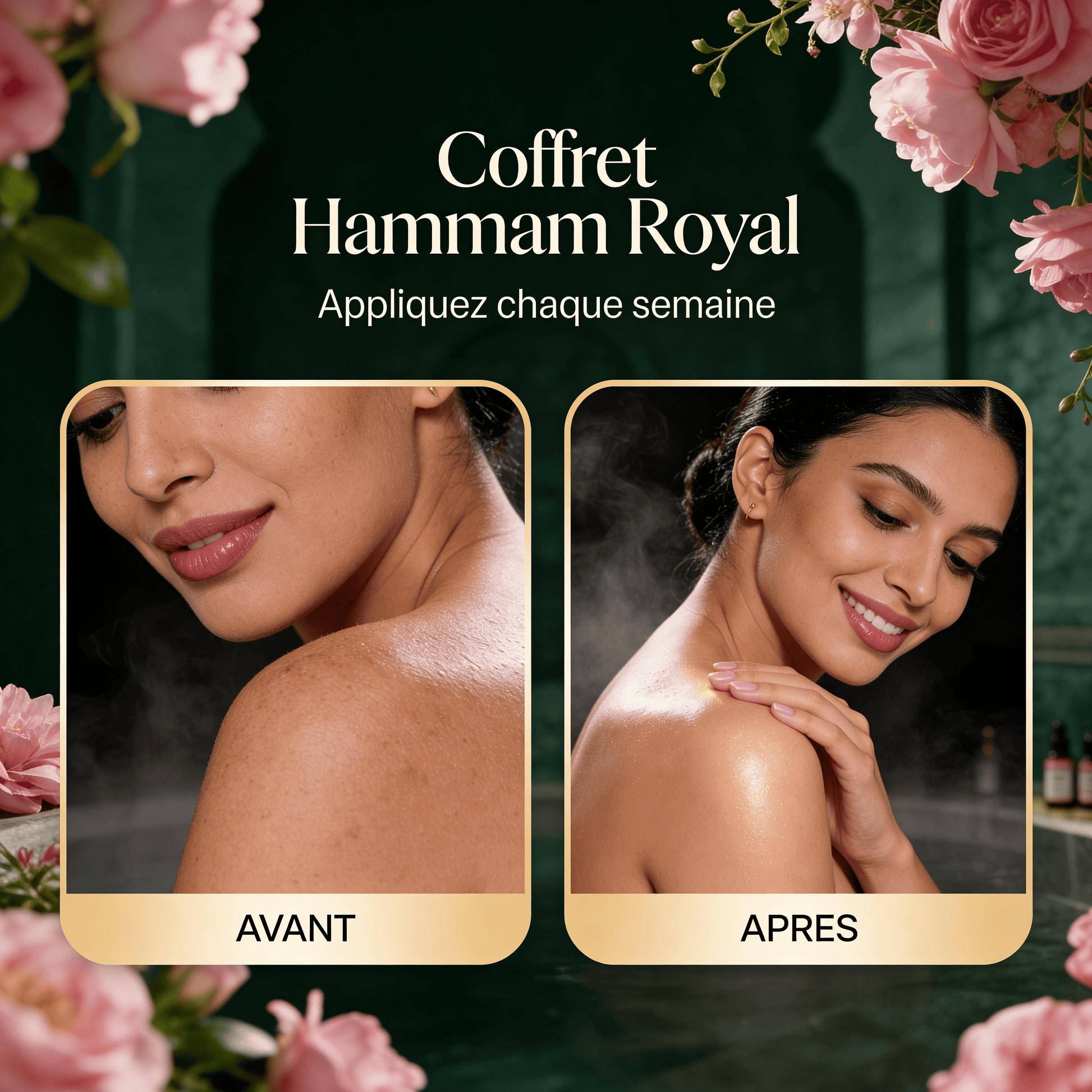 Coffret Hammam Royal – Comparatif avant/après sur le dos : peau plus douce et lumineuse après le rituel marocain