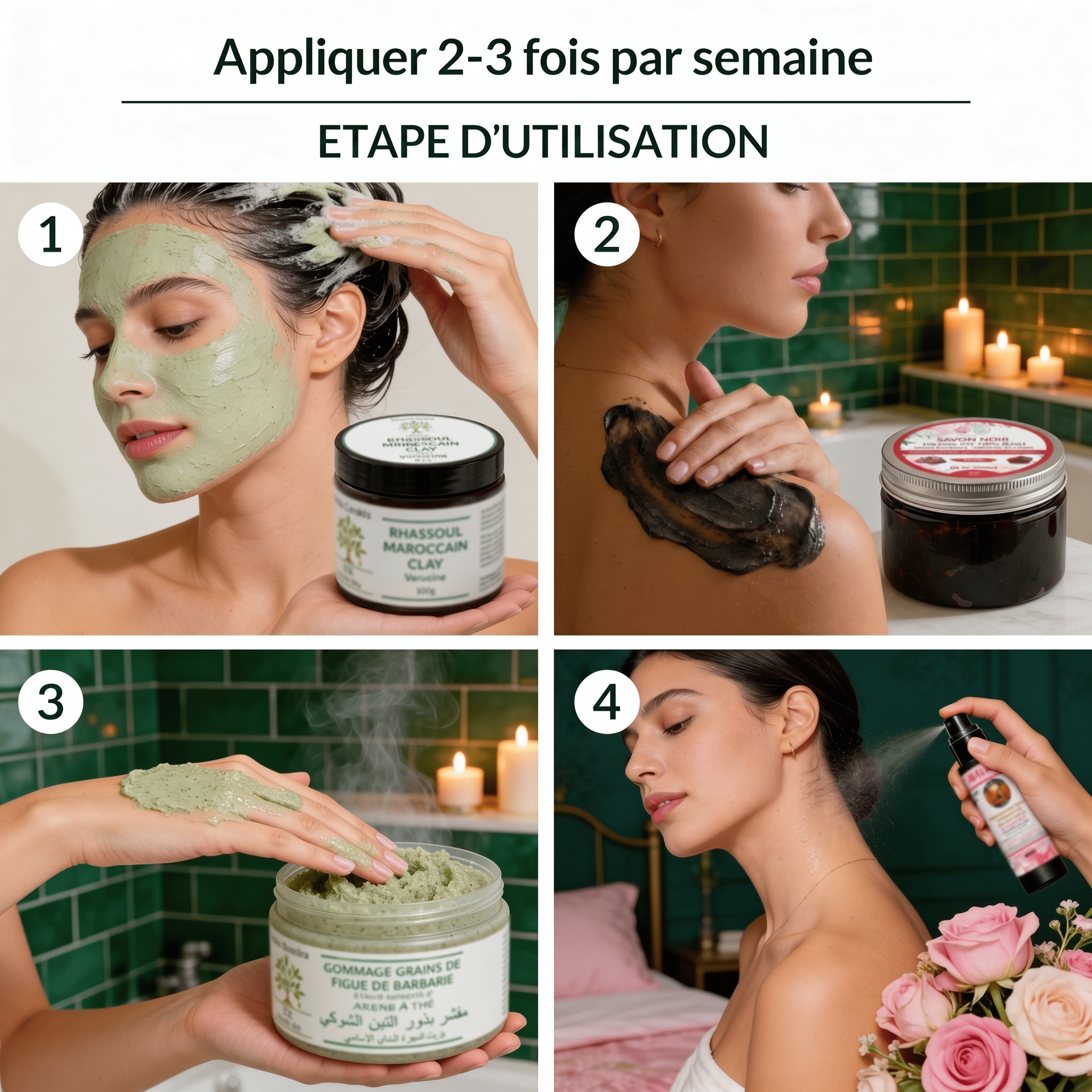 Coffret Hammam Royal – Étapes d'utilisation : savon noir, gommage figue de barbarie, rhassoul puis huile de rose nourrissante