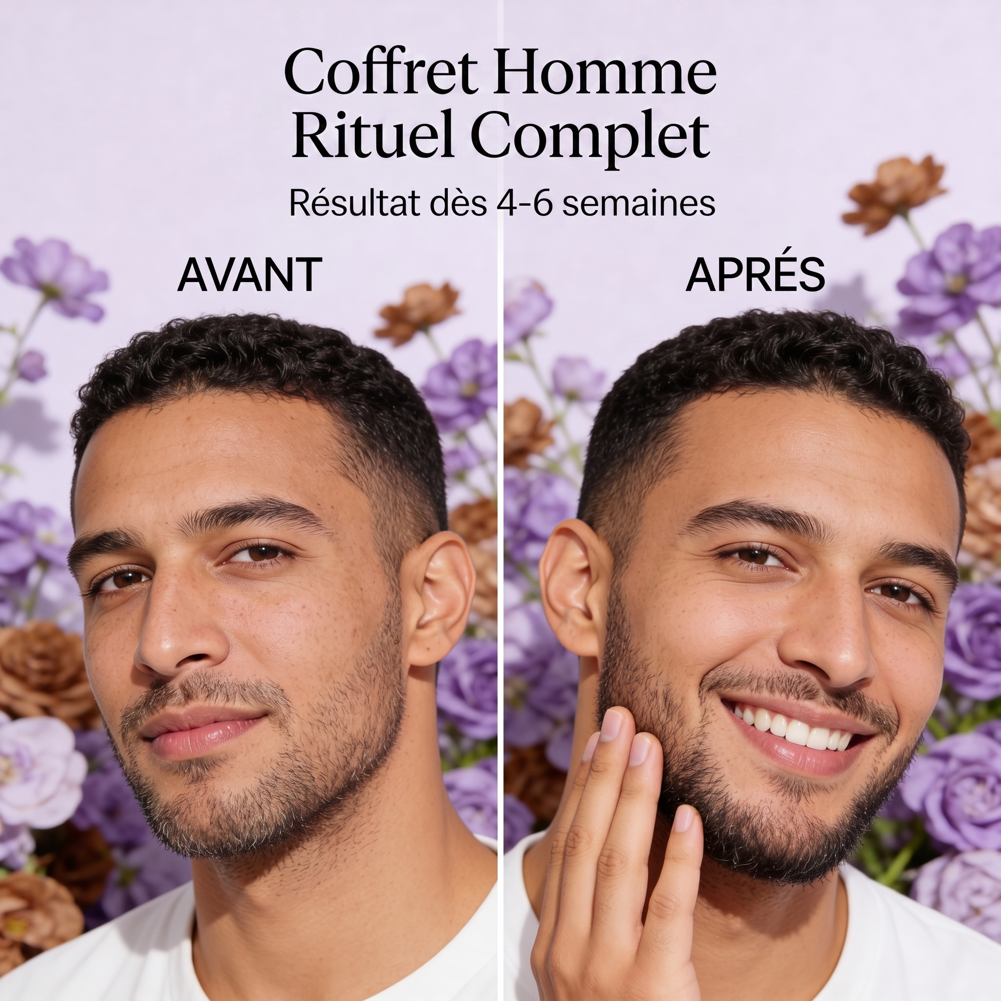 Coffret Homme Rituel Complet – Comparatif avant/après 4-6 semaines : peau plus nette, barbe plus douce et soignée