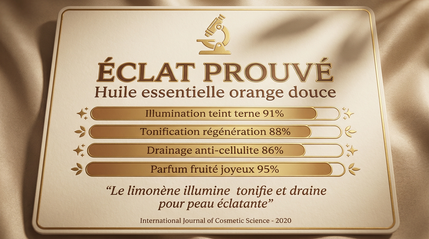 Beige plaque with golden text and graphics detailing the benefits of sweet orange essential oil for skin care.