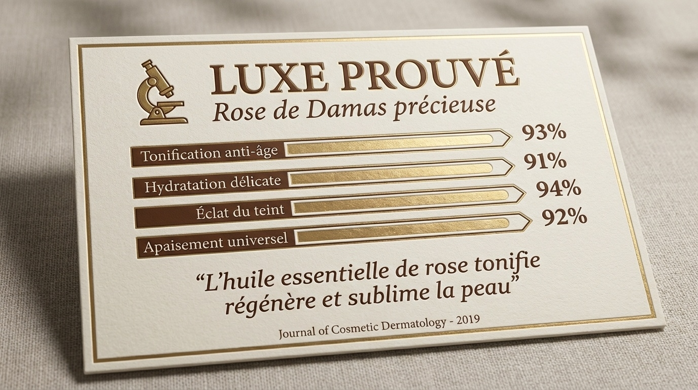 Close-up of a cosmetic ingredient card highlighting benefits of precious damask rose essential oil with percentage ratings.