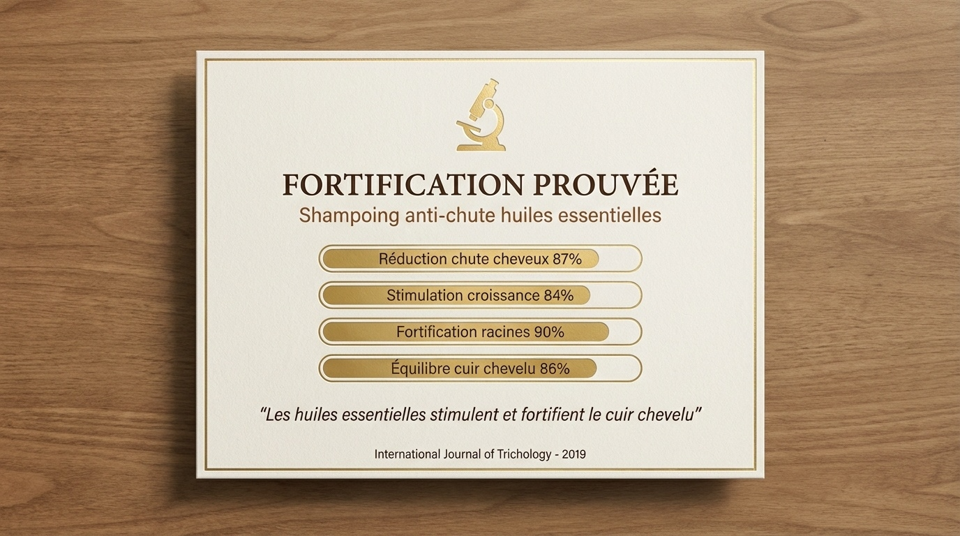 Paper card on wood surface showing proven effectiveness of essential oil anti-hair loss shampoo with percentage results and microscope icon.